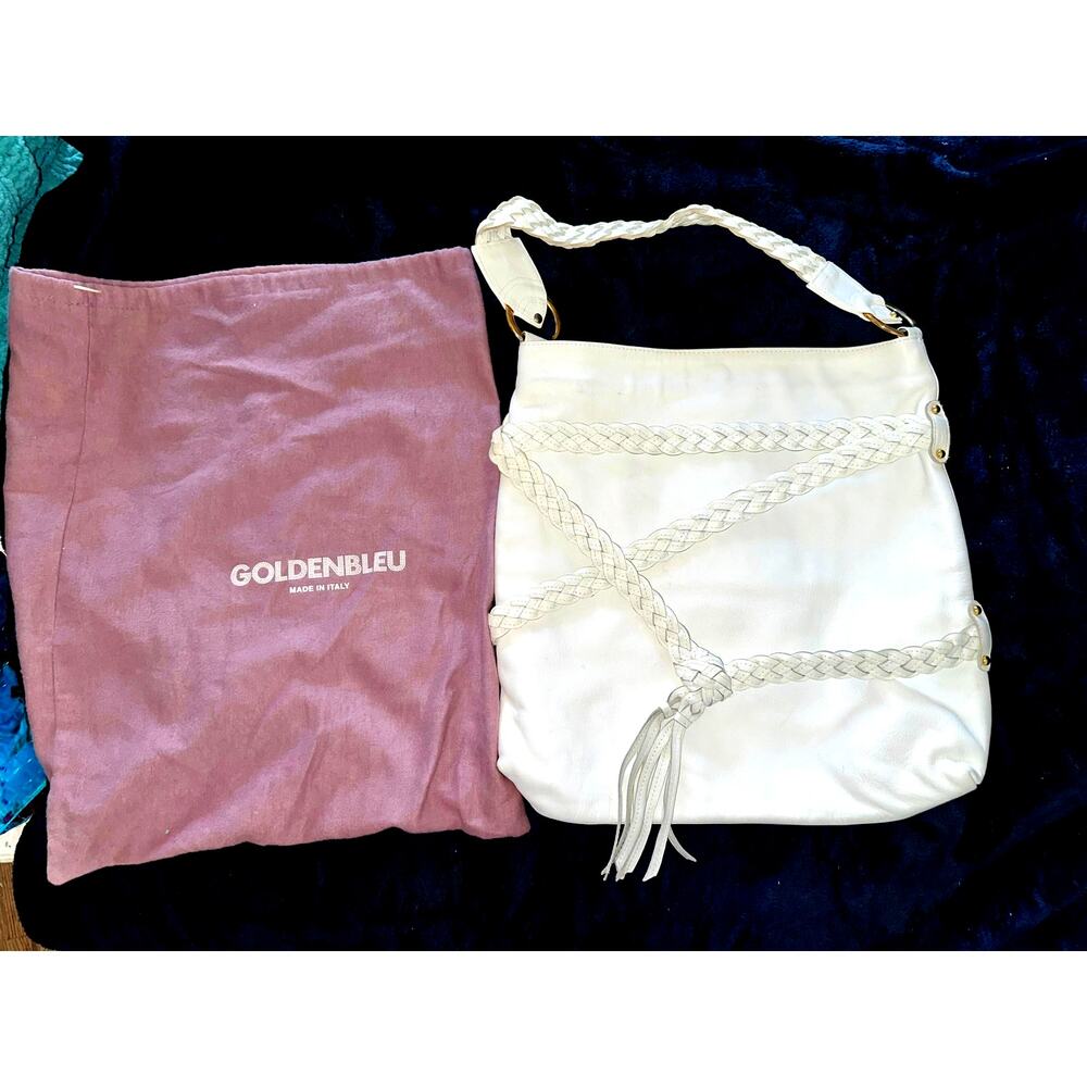GOLDENBLEU LARGE BOHO WHITE LEATHER BAG BRAIDED TRIM & TASSEL USED 1X